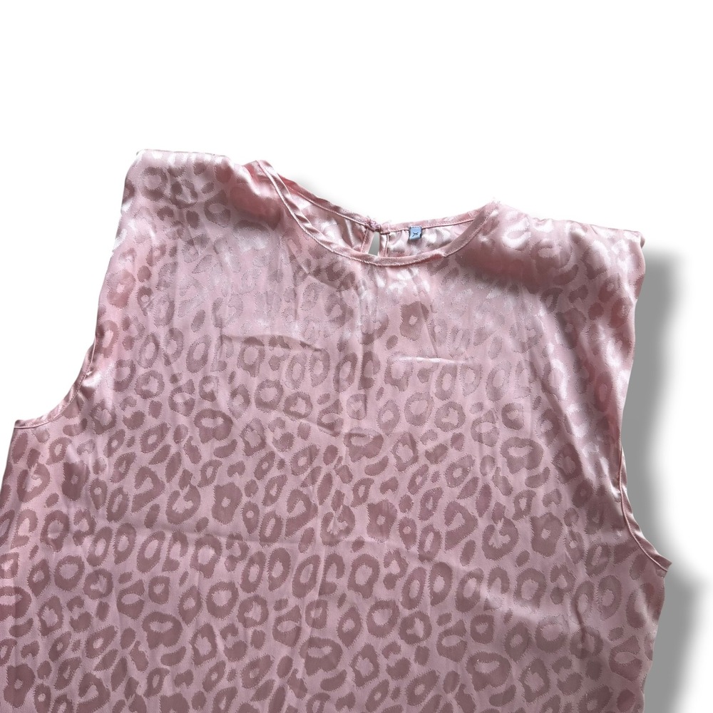 Women XL Pink Leopard Pr. Satin Shoulder Pad Sleeveless Jacquard Blouse Coquette
